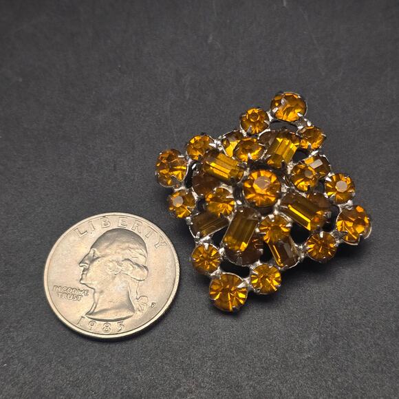 Golden Yellow Rhinestone Brooch Square UV Glow Vintage Jewelry - Picture 2 of 8